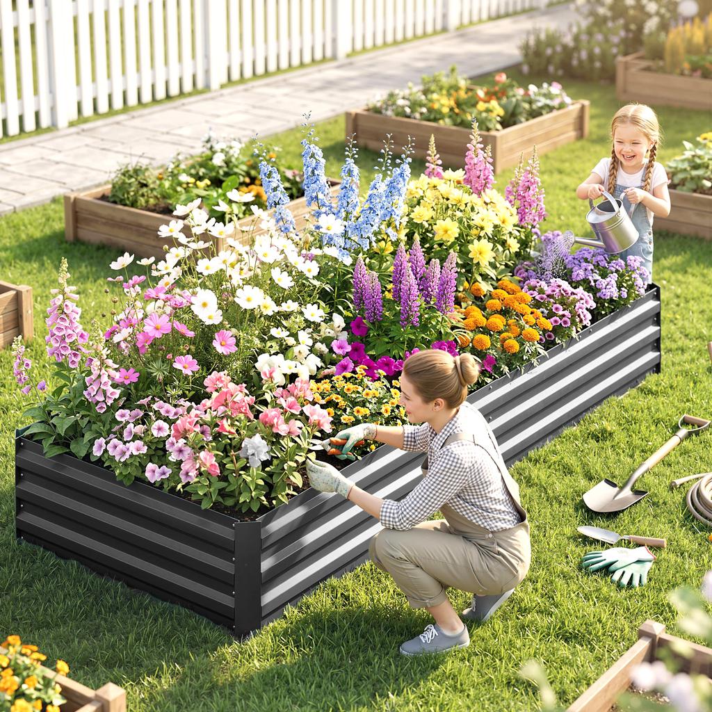 Metal Raised Garden Bed Planter Box Outdoor Planters for Growing Flowers, Herbs, Grey, 241x90.5x30cm