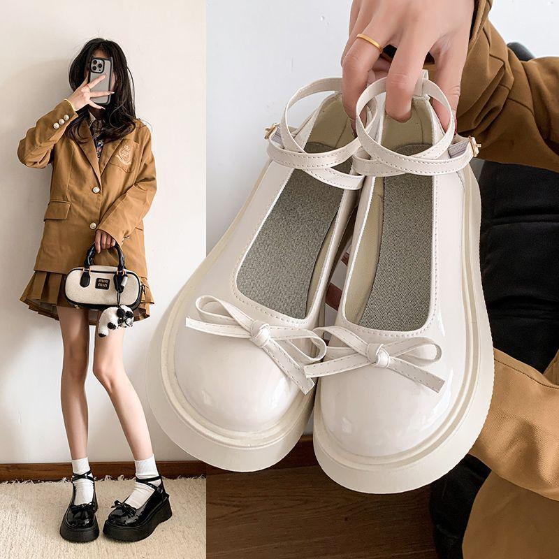Bow Soft Sole Round Head Heightening Small Leather Shoes Breathable 2025 Mary Jane Spring and Autumn Single Shoes Women's Versatile Popular Women's Sh