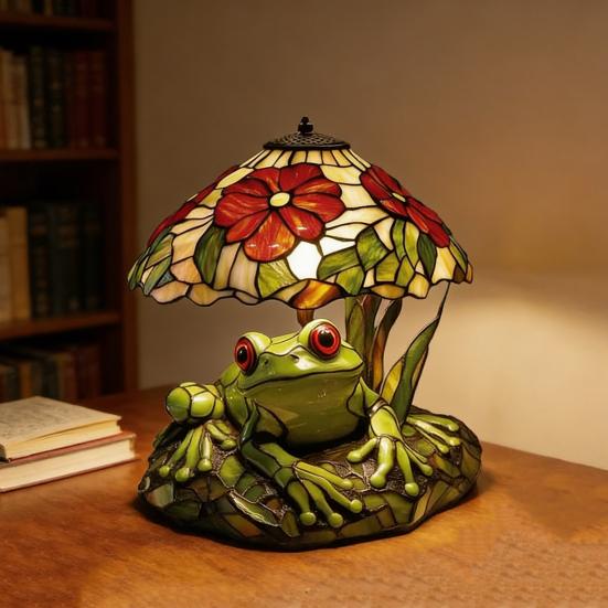 Frog & Flower Table Lamp Handcrafted Resin Decor with Warm Glow Decorative Night Light for Bedroom Living Room Cute Animal Themed Home Decor