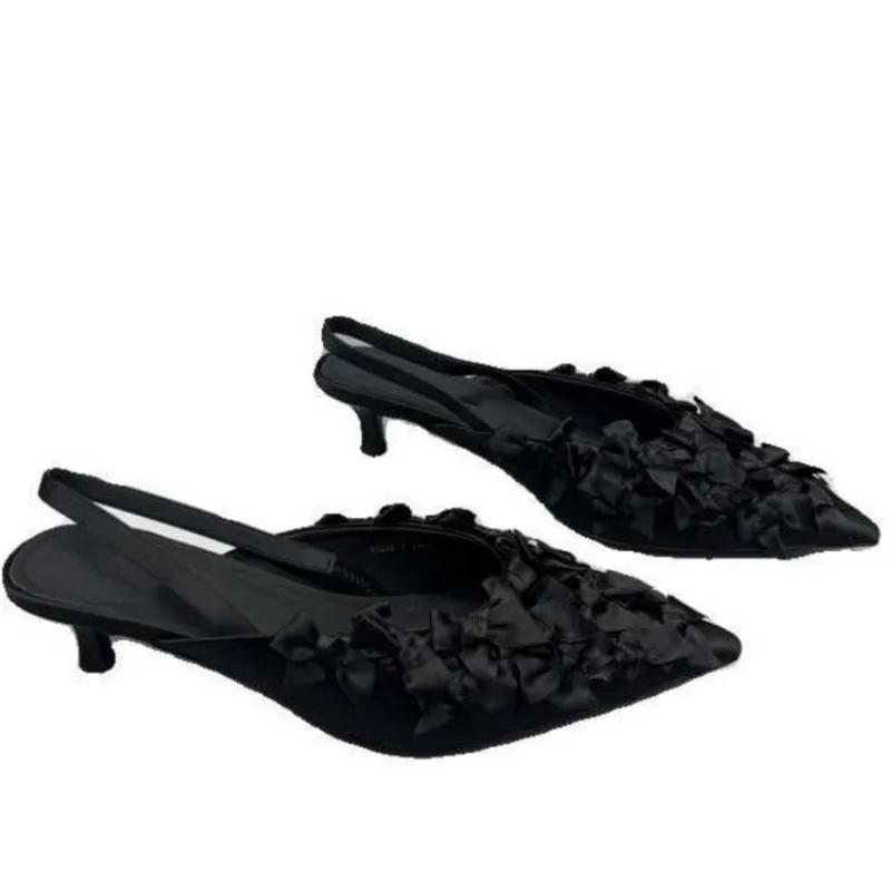 Fashion 2024 High Quality Women's Shoes Summer Fashion Slip-on Toe Sandals Solid Color Stiletto Heels Bow Decorated Women's Sandals