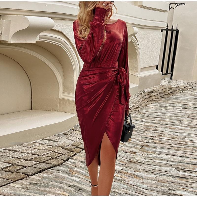 Vestido Formal Vestido Rojo Entallado Manga Larga Vestidos