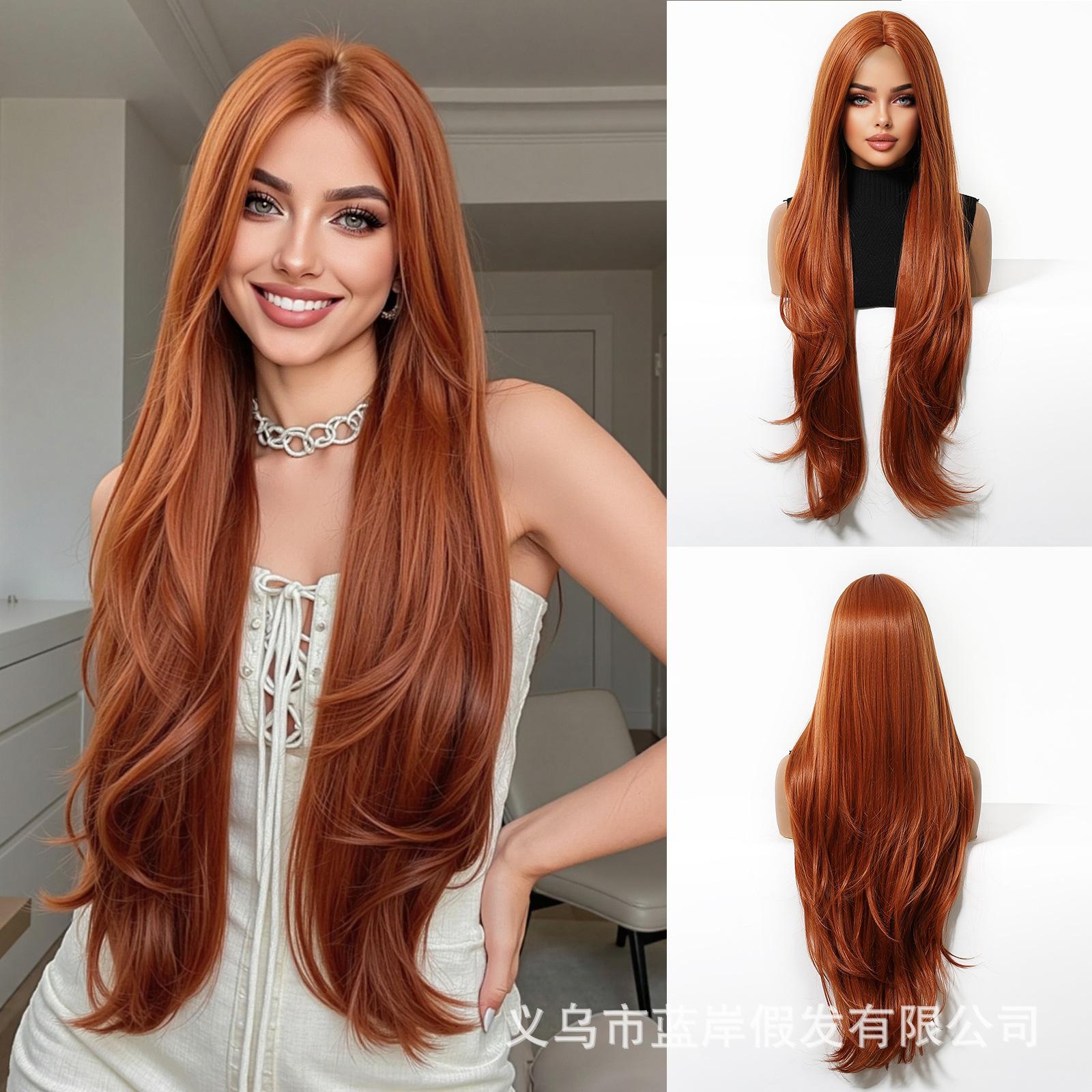 New Orange Wig Women S Full Headgear Medium Points High-Level Micro-Curl Long Straight Hair 32Inch Holiday Chemical Fiber Hair 1#