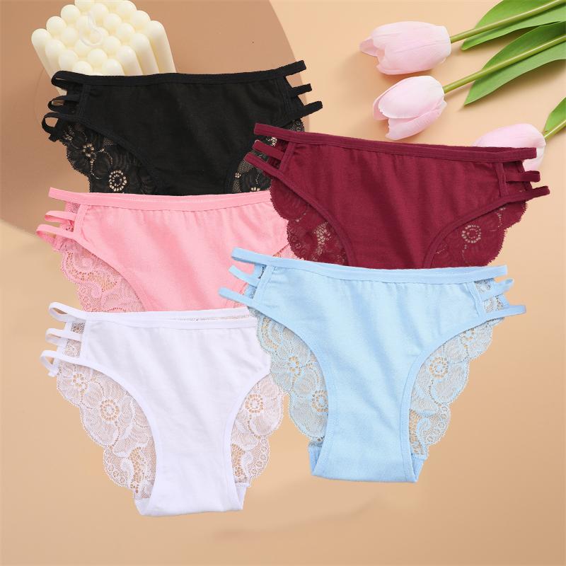 5PCS Women Lace Floral Underpants Sexy Triple Belts Panties Female Low-Waist Perspective Briefs Soft Lingerie Underwear