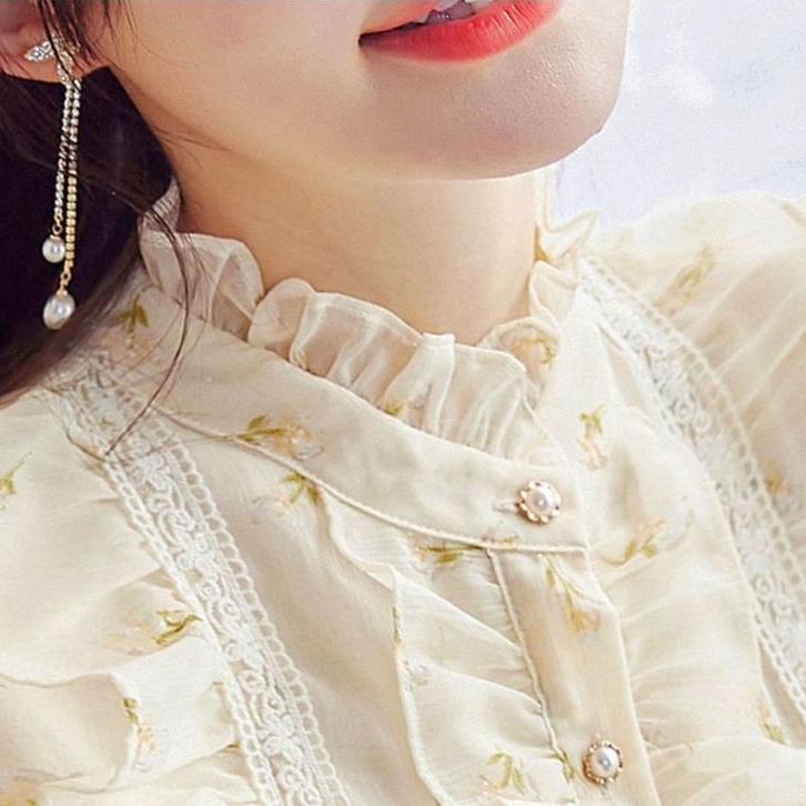 Ruffle Chiffon Shirt Sweet Chic Long Sleeve Women Blouse Print Top Stand Collar Elegant Shirts Ladies Clothes