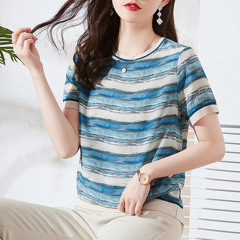 Mulberry Silk T-shirt Women's Short-sleeved  Dress Fashion Crew Neck Top, Thin Silk