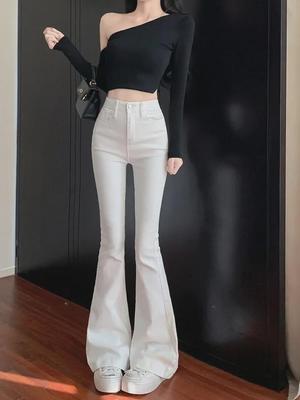 Women's High Waist White Flared Jeans: Autumn/Winter Wide Leg Elastic Straight Pants