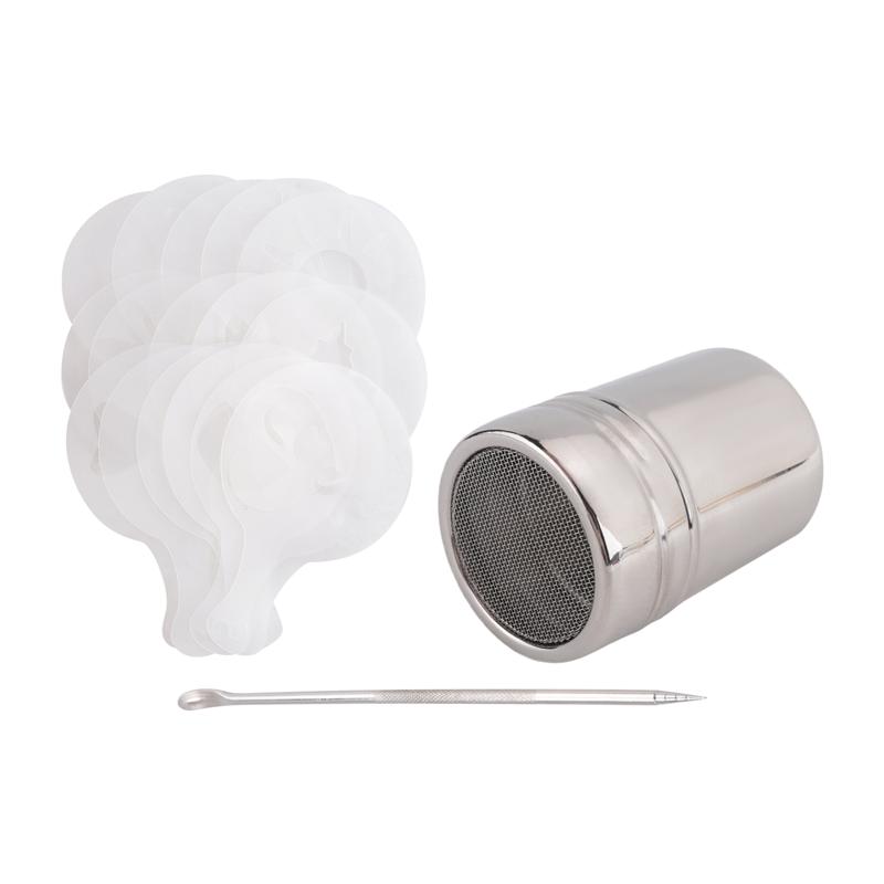 

AD23-Cocoa Shaker,Coffee Powder Shaker 16 Pcs Coffee Cappuccino Stencils & Barista Pen For Cappuccino Powder Sugar Latte,Etc серебряный