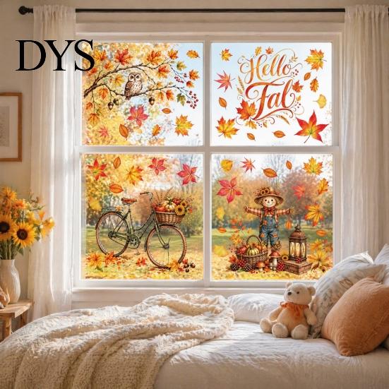 Decorative Glass Clings 6 Sheets Autumn Harvest Static Window Stickers, Maple Leaves Scarecrows Bicycle Owl Thanksgiving Home Decor Decals,