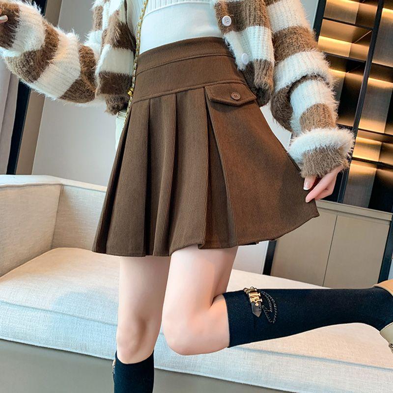 Women's Fall Fashion High Waist Pleated Skirt Corduroy Short Skirt