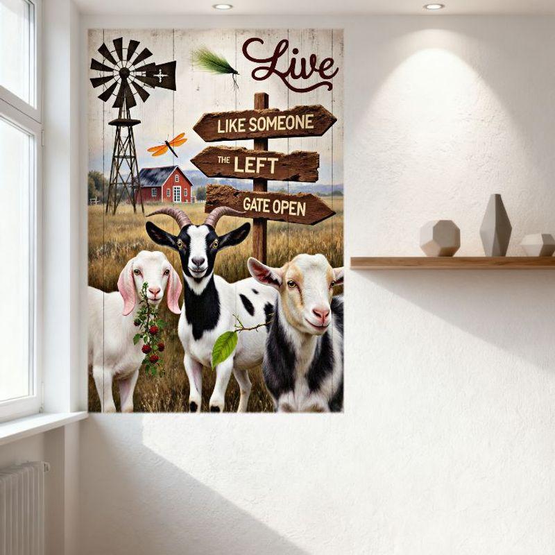 Rustic Farm Scene Metal Tin Sign - Windmill, Red Barn, Goats & 'Like Someone The Left Gate Open' Whimsical Farm Life Decor for H