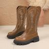 2025 New Plus Size V-Neck Cowboy Boots Women's Fall and Winter Mid-Leg Brown Knight Boots