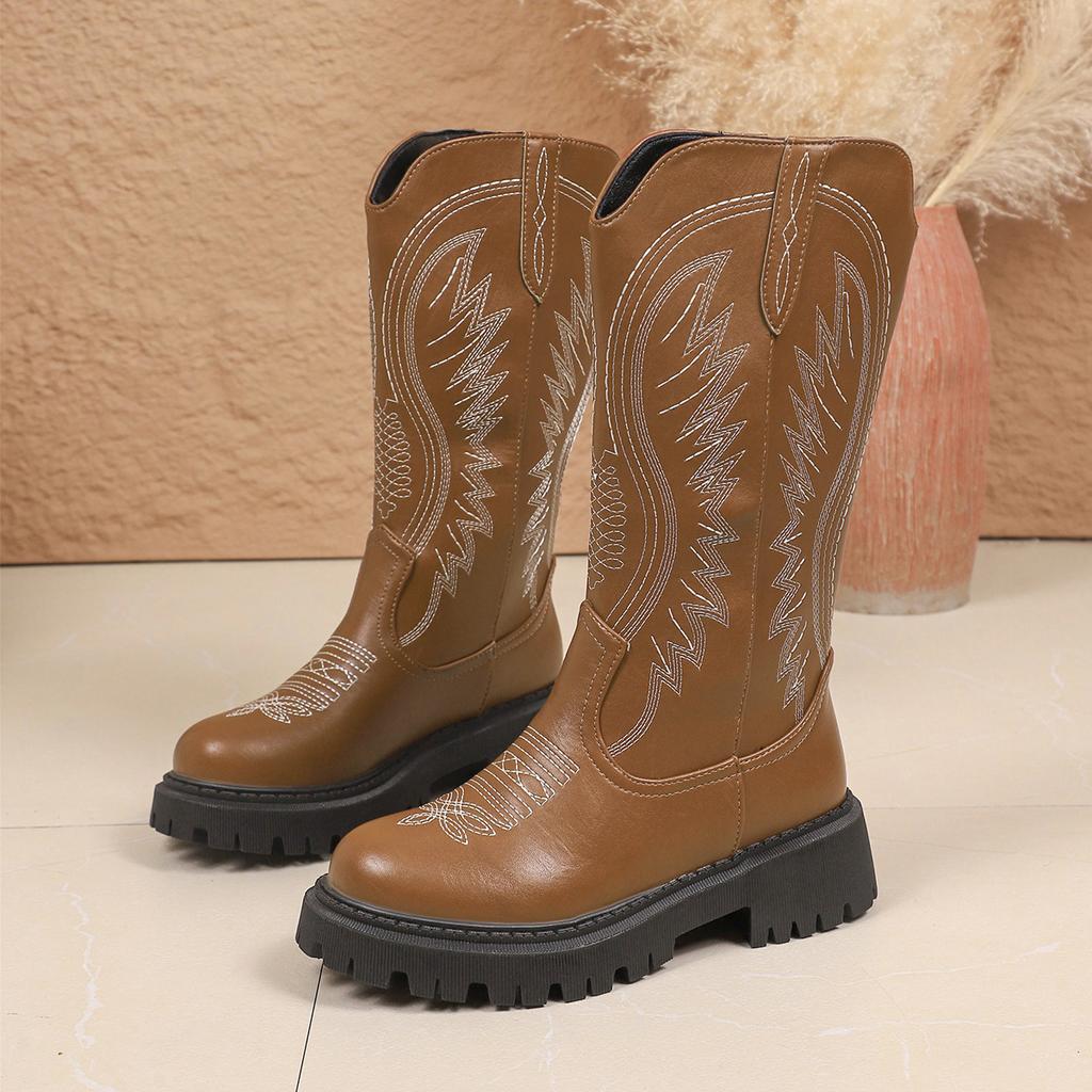 2025 New Plus Size V-Neck Cowboy Boots Women's Fall and Winter Mid-Leg Brown Knight Boots