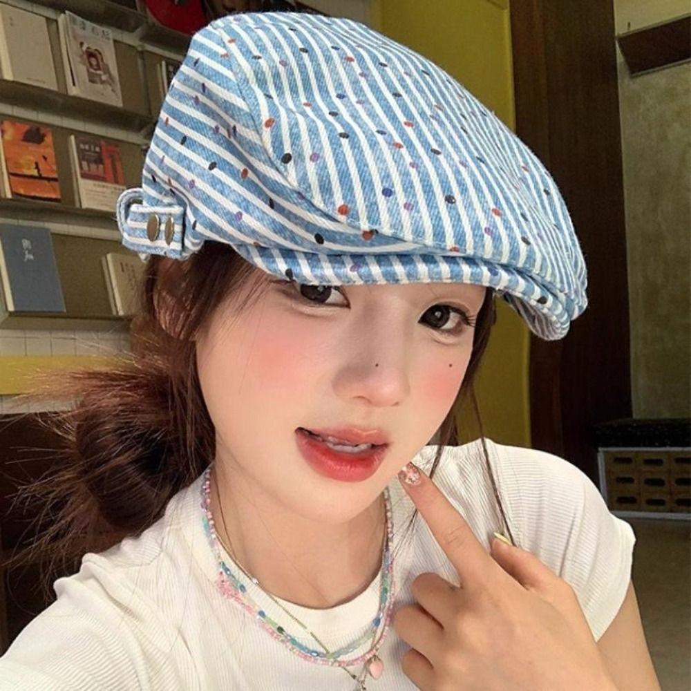 Y2k Stripped Berets Vintage Painter Cap Japanese Polka Dot Beret  Streetwear