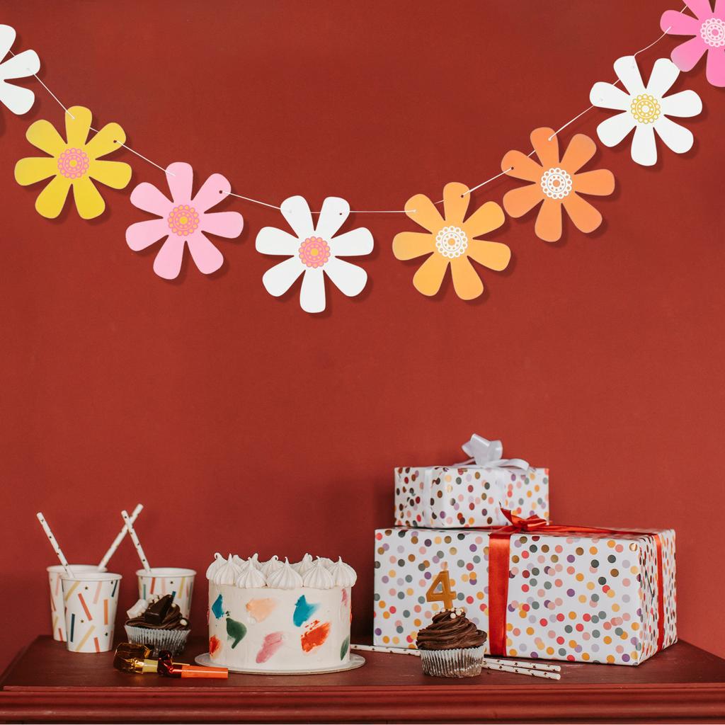 5Pcs Flower Garland Banner Birthday Party Decor Hanging Bunting Paper Daisy Decorative Flag for Window Doorway Decoration