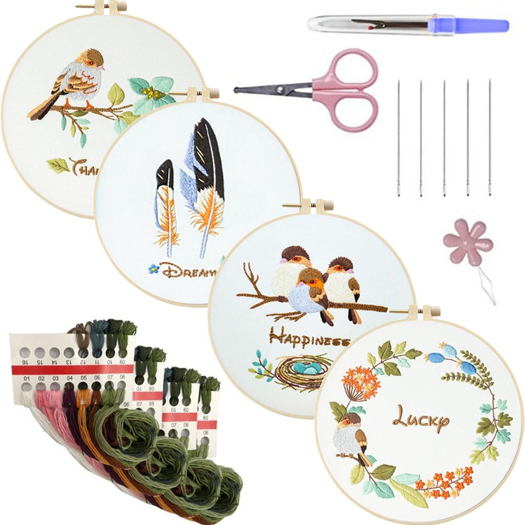 4 Pack Flowers DIY Embroidery Kit with Embroidery Hoop Embroidery Starter Kit 30x30cm for Adult Beginners Gift for Women