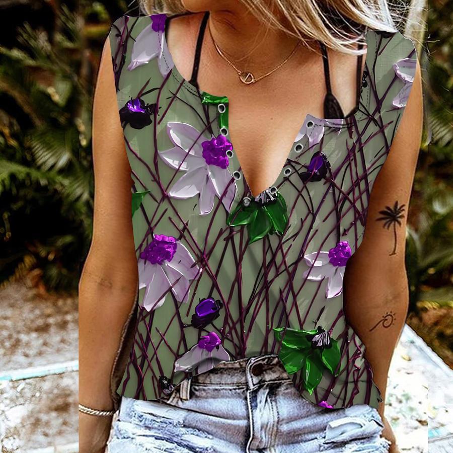 Dámské tílka Sexy letní topy s výstřihem do V Vesta 3D olejomalba Květiny Potisk Cool Lehké topy