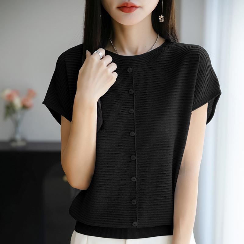 

Summer New Round Neck Short-sleeved Knitted SweaterT-shirt Top and Base Layer XXL чёрный