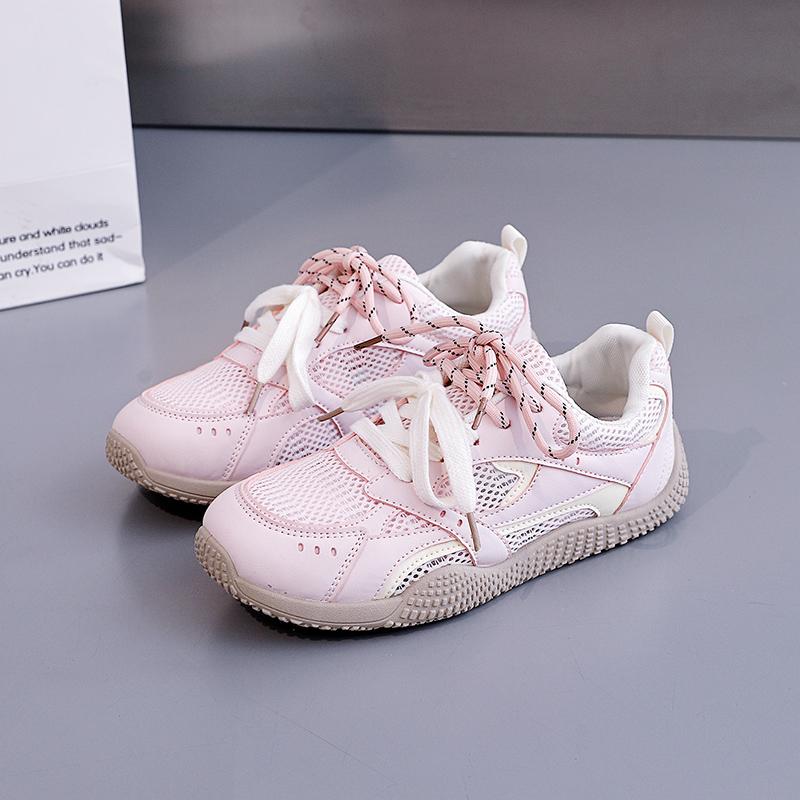Fashion Pink Girls Mesh Satin Shoelaces Lace Up Sneakers 2025 New Fashion Women Casual Shoes Round Toe Platform Training Shoes