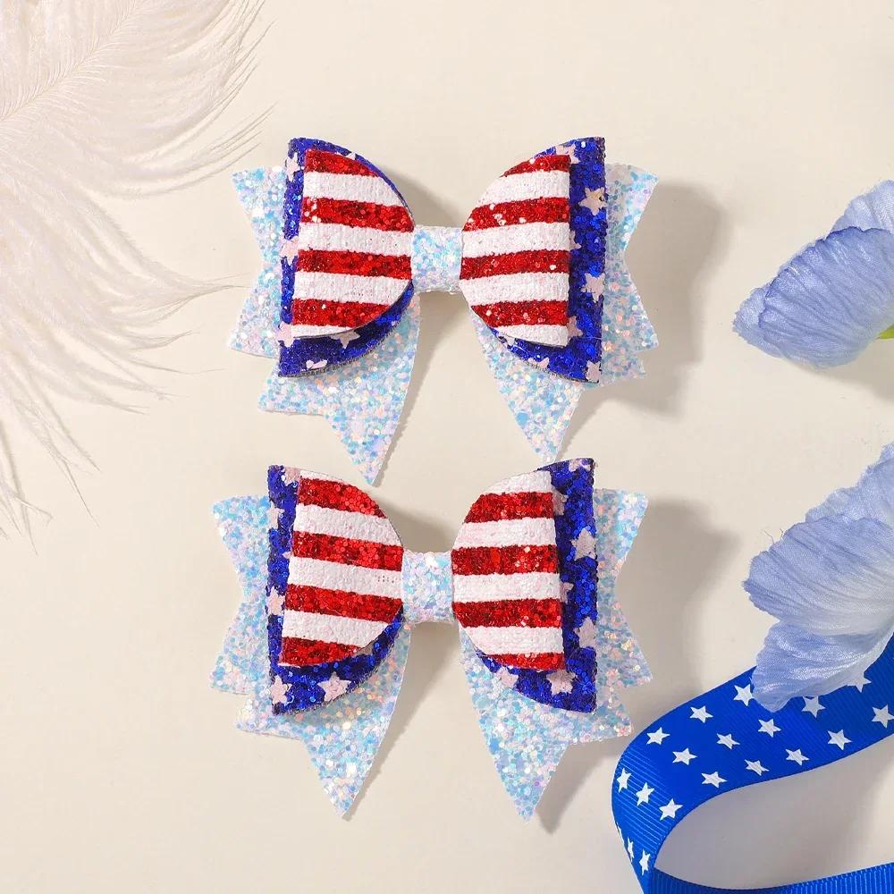 2pcs/set Glitter Hair Bows Clips Independence Day Party for Kid Girls Barrettes Hair Clip Headwear Children Hair Accessories