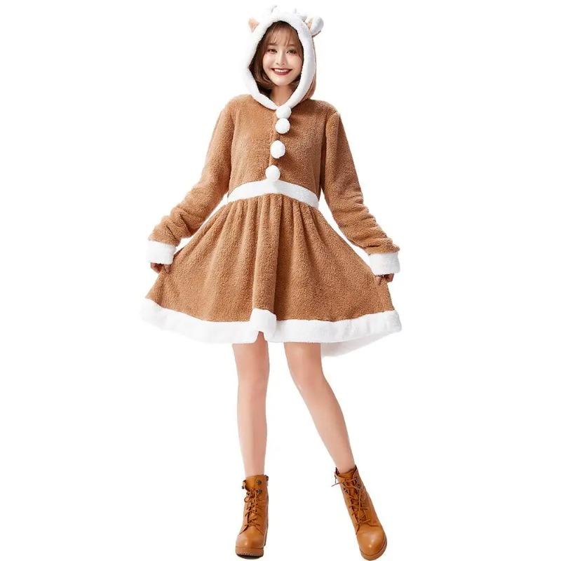 Adult Women Animals Elk Christmas Reindeer Velvet Hooded Dress Halloween Role Play Dress Up Cosplay Costume