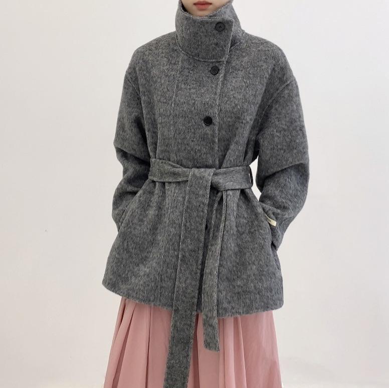 Stand-up collar small double-sided wool coat women's gray autumn and winter coat short niche design new