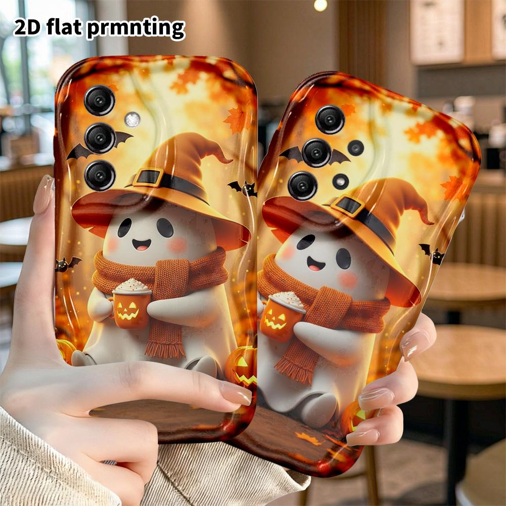 Phone Case: 2D Samsung Galaxy A34 A35 M05 M06 S20 S22 S21 FE Plus 5G Case, Cute Little Ghost Drinking Hot Drink, Christmas and Halloween Gift