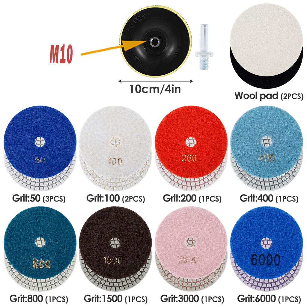 10-16pcs 4 inch Diamond Polishing Pads Kit Wet/Dry Buff Disc Abrasive Grinding Discs Set for Granite Concrete Glass Polishing