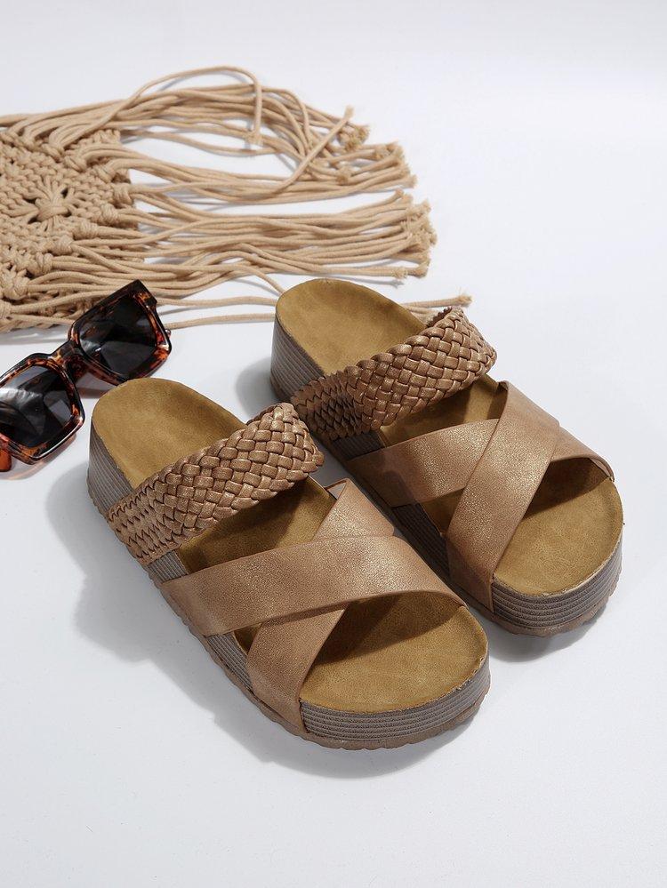 Large Size Casual Sandals Women's Summer New Thick-soled One-word Strap Cross-woven Sandals