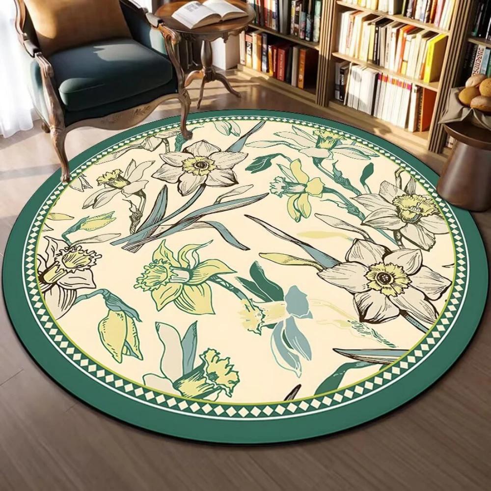 

Dark Green Floral Round Rug – Soft French-Inspired Carpet for Living Room Sofa Bedroom Bedside & Reading Yoga Space Diameter 60cm