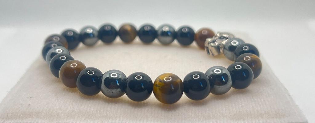 Triple Protection 8mm Bracelet: Tiger Eye, Black Hematite Beaded Bracelet with Silver Tiger Head Charm | Stylish, Durable, & Meaningful Gift for Him