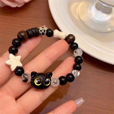 Cute Black Cat Beaded Bracelet For Women Men Black White Beads Cartoon Animal Couple Bracelet Trendy Jewelry Lovers Gift