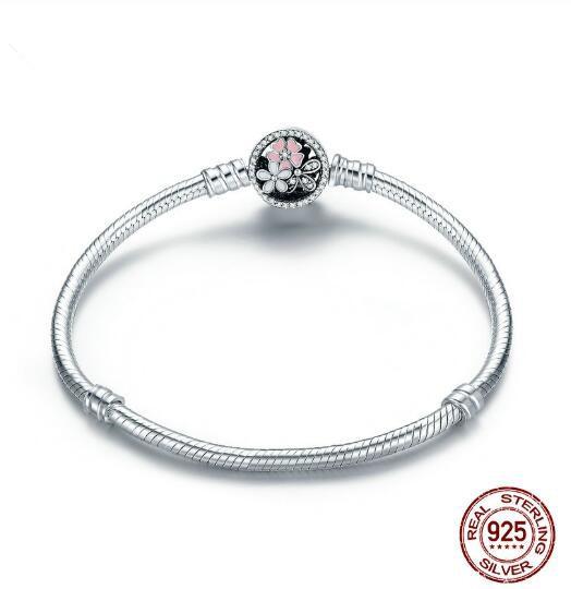 925 Silver Moments Signature Clasp Crystal Snake Chain Bracelet Bangle Fit Bead Charm Jewelry