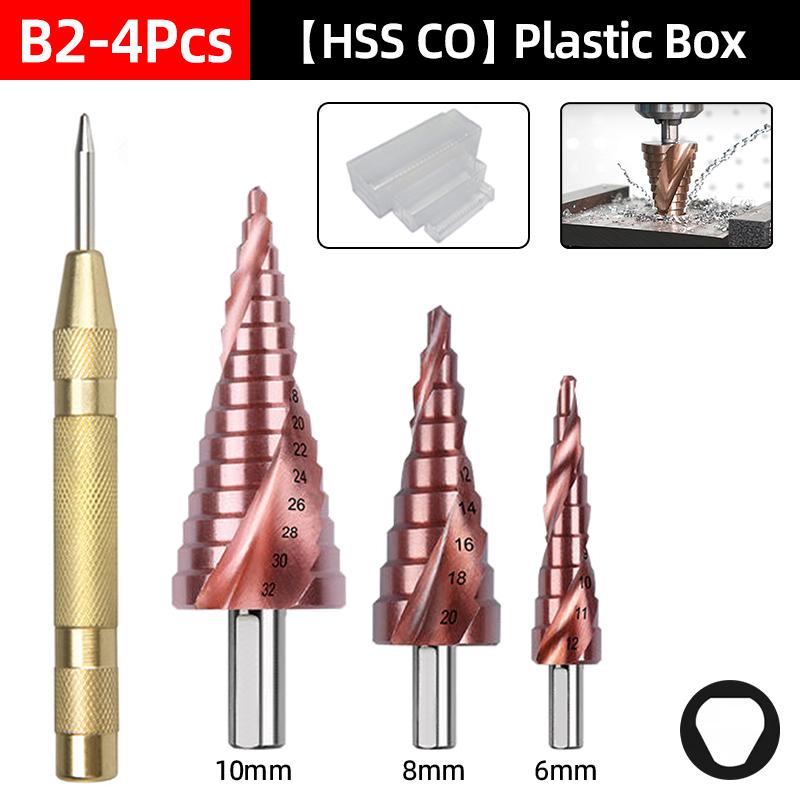 HSS-CO Cobalt Step Drill Bit For Stainless Steel Metal Wood Hole Cutter Spiral Groove Triangle Hex Shank Drilling Tools