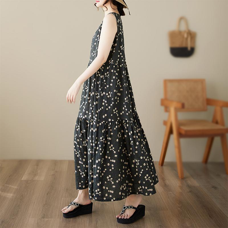 Dimanaf Plus Size Dress Summer Women Vintage Linen Elegant Style Sleeveless Floral Loose New Long Dress 8031