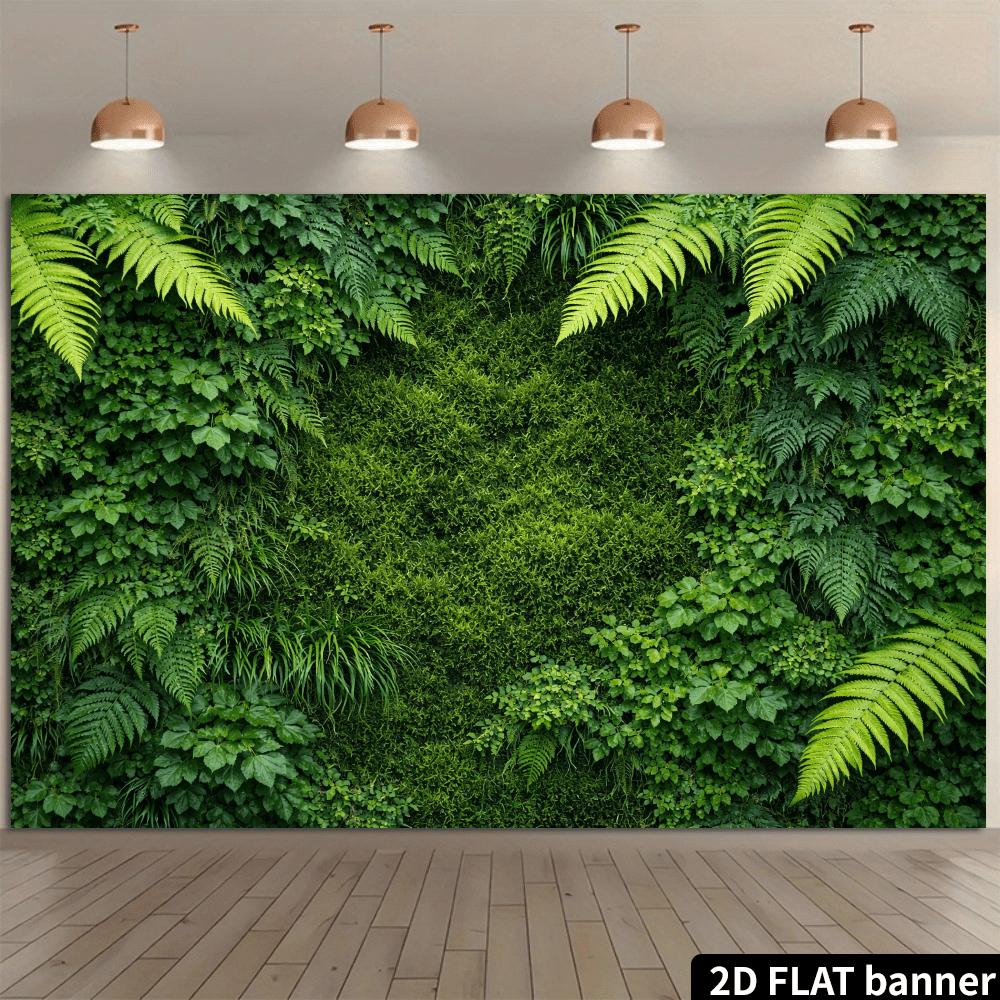 2D Planar Green Plant Wall Background - A Fresh Scene In a Forest Style, Featuring Ferns, Round-leaved Plants and Mosses, Etc.