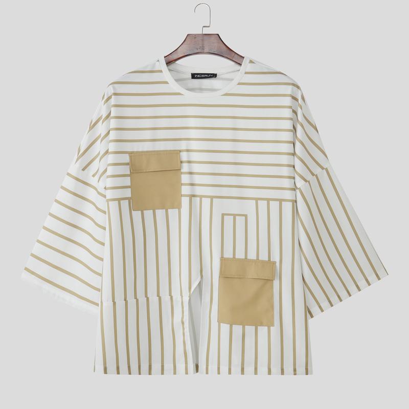 

INCERUN Men Casual 3/4 Sleeve Round Neck Splits Striped Print Oversized T-Shirts Tops 5XL хаки