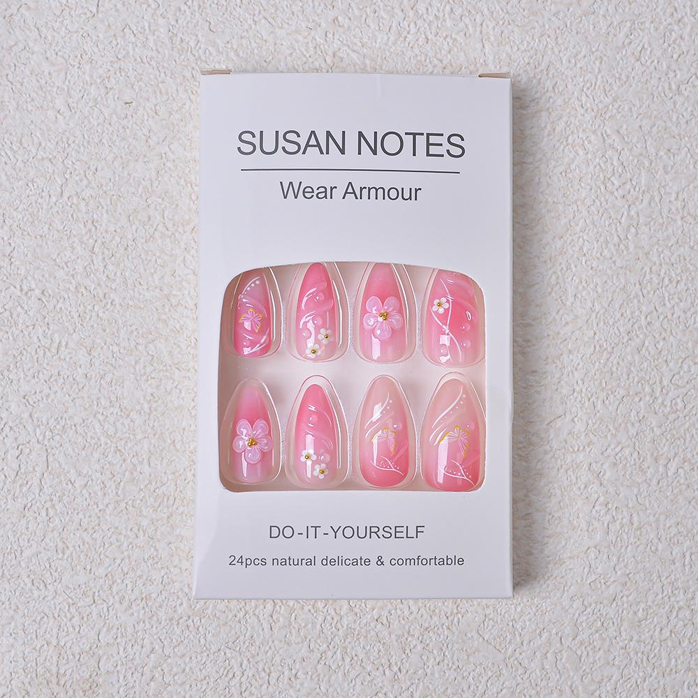 3D Glue Drip Flower Nail Art: 24 Skin-Brightening, Light Luxury Almond-Shaped Wearable Fake Nails