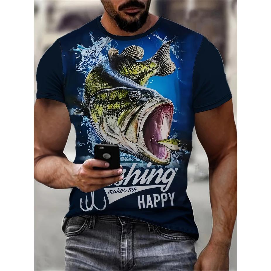 

Мужская яркая футболка с принтом рыбы - Дышащая, слегка тянущаяся полиэстеровая футболка с круглым вырезом для улицы, идеально подходит для лета XS темно-синий