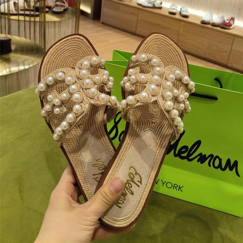 Sheepskin version pearl straw leather flat-bottomed slippers women's summer wear high-end beach one-word cool slippers