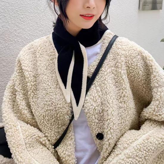 Women Scarf Patchwork Color Piercing Wrapped Short Scarf Fake Collar Winter Outdoor Cycling Wrap Around Scarf