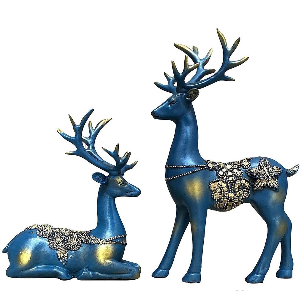 Creative Resin Golden Reindeer Sculptures | Beautiful Home Decor | Lifts Up Energy of Your Room - (Pack of 2, Blue)