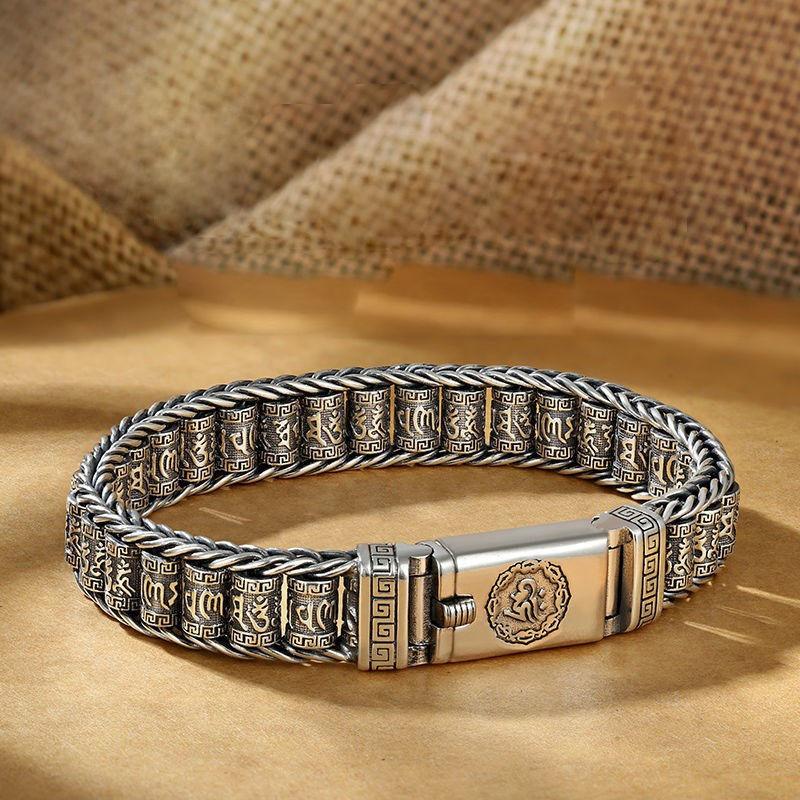 Passepartout sechs-Zeichen-Mantra-Armband Herren Ins Nischendesign Handgefertigt Kreativ Retro Silber Leichter Luxus Armband Damen