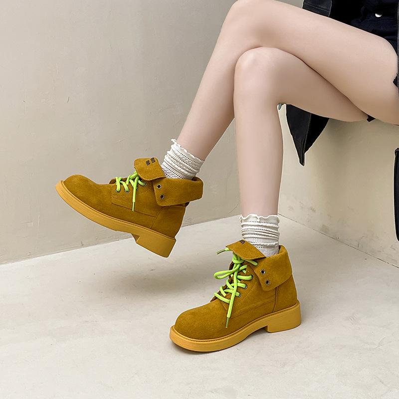 2025 autumn and winter new fashion retro British style folding contrasting color thick heel Martin boots women's casual tooling boots short boots