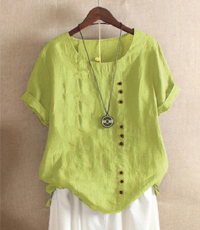 2024 Women's European & American Fashion Short Sleeve Casual Cotton Linen Top with Button Detail