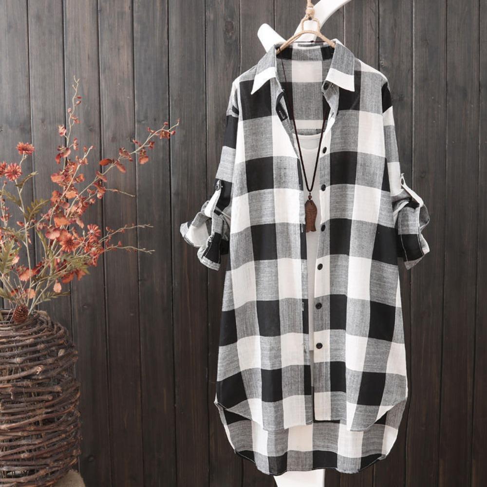 Women's Point Collar Long Sleeve Plaid Blouse Loose Fit Casual Cotton Tunic Shirt Outerwear