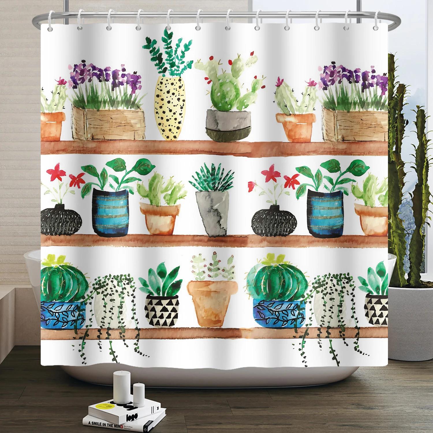 

Green Potted Plant Shower Curtain Tropical Greenhouse Botanical Succulents Cactus Modern Aesthetic Waterproof Bathroom Curtain W90xH180cm
