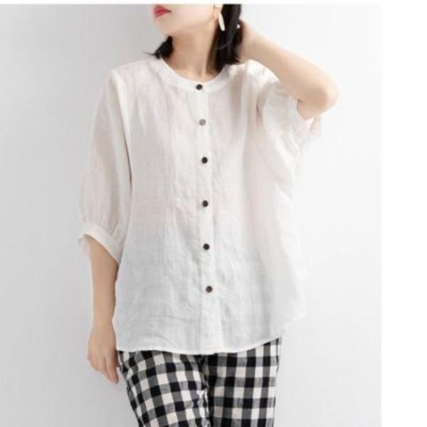 

Хлопково-льняная рубашка для женщин Топ с рукавами-фонариками Свободная оверсайз рубашка средней длины для женщин M белый
