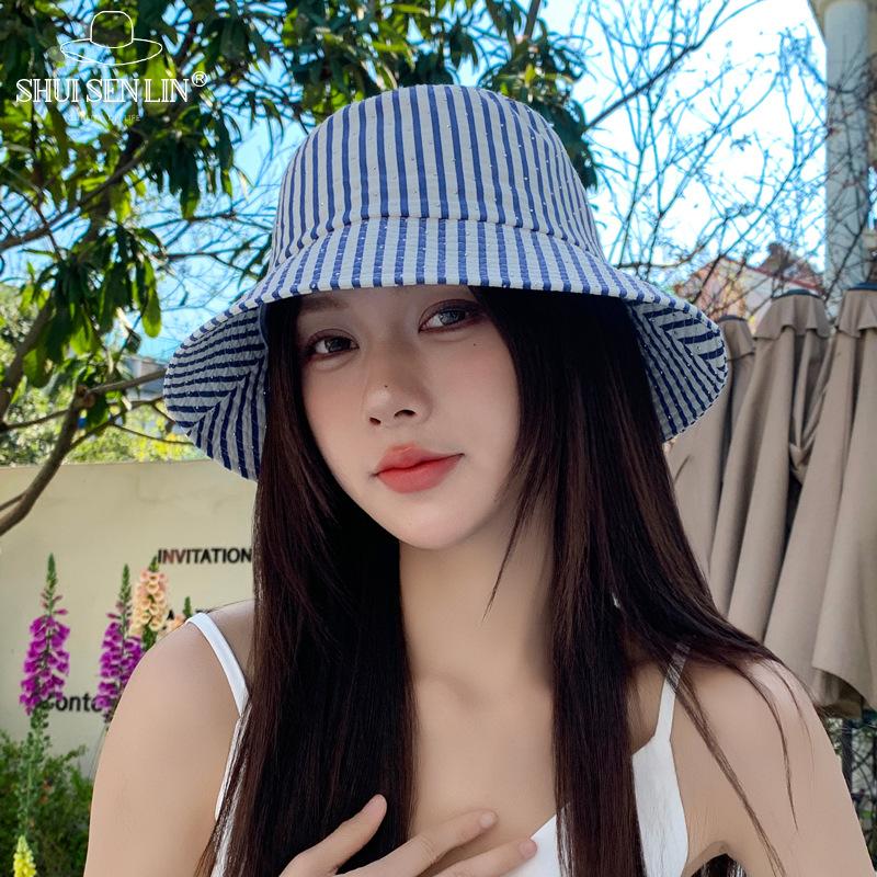 Spring and Autumn Water Diamond bucket hat Striped color matching hat Women's outdoor leisure bucket hat Shade basin hat