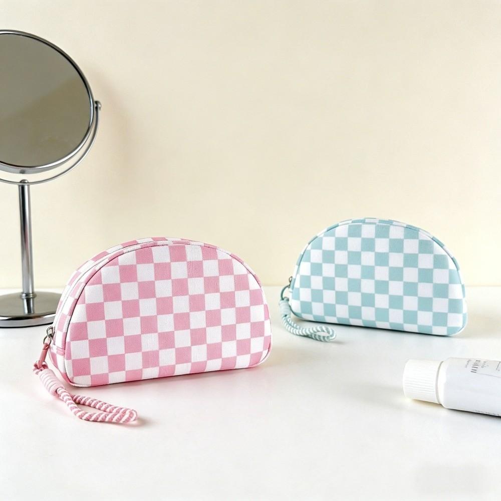 With Hand Strap Checkered Pattern Cosmetic Bag Polyester Makeup Organizer Toiletry Bag  Vacation