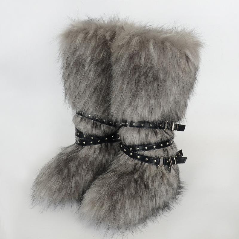 Damen Winterimitat Fuchsfell Stiefel Gürtel Punk Europäisch und Amerikanisch hoher Schaft 40 langer Schaft Schneestiefel Schuhe